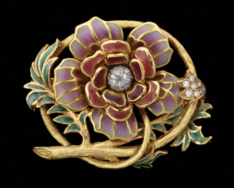 18K YELLOW GOLD ART NOUVEAU FLOWER BROACH.