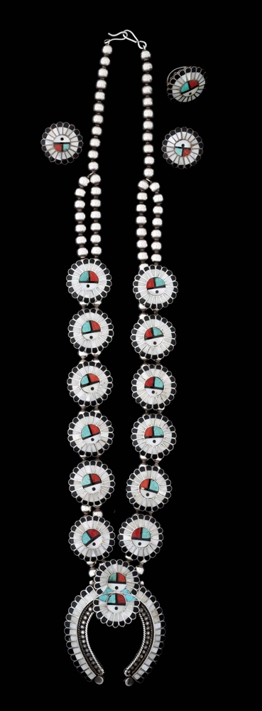 EXQUISITE ZUNI INLAY NECKLACE, RING, AND EARRINGS.