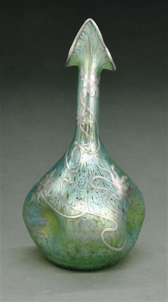 GREEN LOETZ VASE WITH STERLING SILVER OVERLAY.