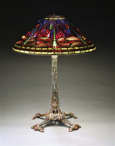AMERICAN REPRODUCTION OF TIFFANY STUDIOS DRAGONFLY LEADED GLASS LAMP.