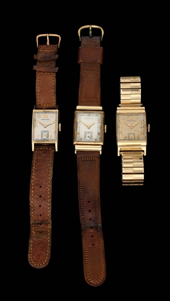 LOT OF 3 14K YELLOW GOLD HAMILTON RECTANGULAR WRIST WATCHES.