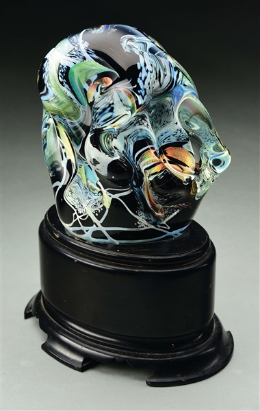 MURANO FIGURAL GLASS HEAD ON WOODEN BASE.
