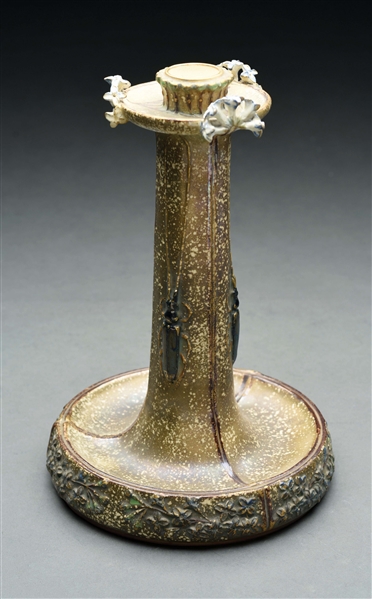 STELLMACHER CANDLESTICK WITH BEETLES AND APPLIED FLOWERS.