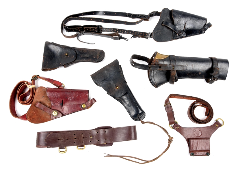 LOT OF 7: 4 US M1911 HOLSTERS, LEATHER BELTS, AND CARBINE BOOT