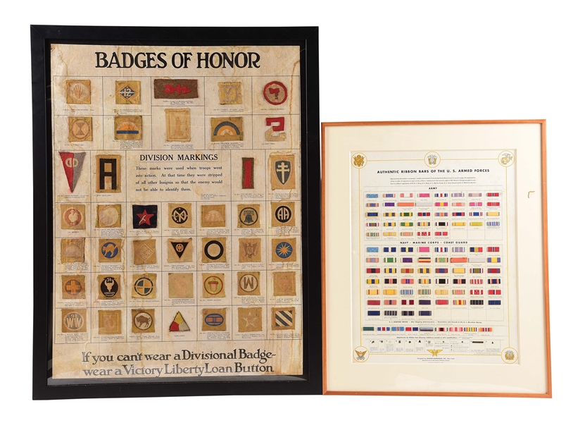 LOT OF 2: WWI BADGES OF HONOR PATCH POSTER AND WWII RIBBON BARS OF THE US ARMED FORCES POSTER