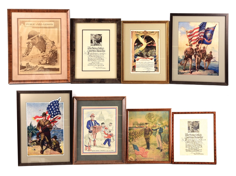 LOT OF 8: US WWI-WWII POSTERS, PRINTS, AND DOCUMENTS.