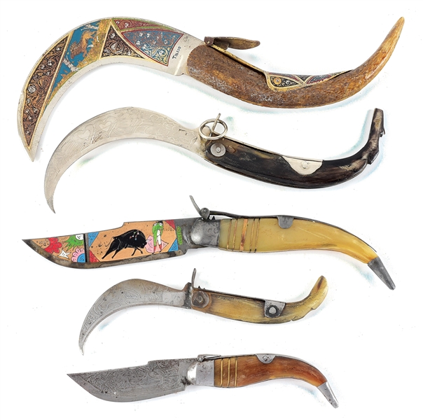 LOT OF 5: FOREIGN EXOTIC RATCHET CLASP KNIVES.