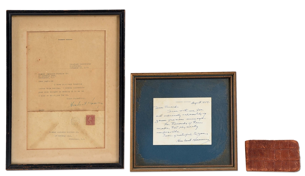 LOT OF 3: FRAMED HERBERT HOOVER SIGNATURES AND A NOTEBOOK WITH CHESTER A. ARTHUR AND CABINET MEMBERS SIGNATURES.