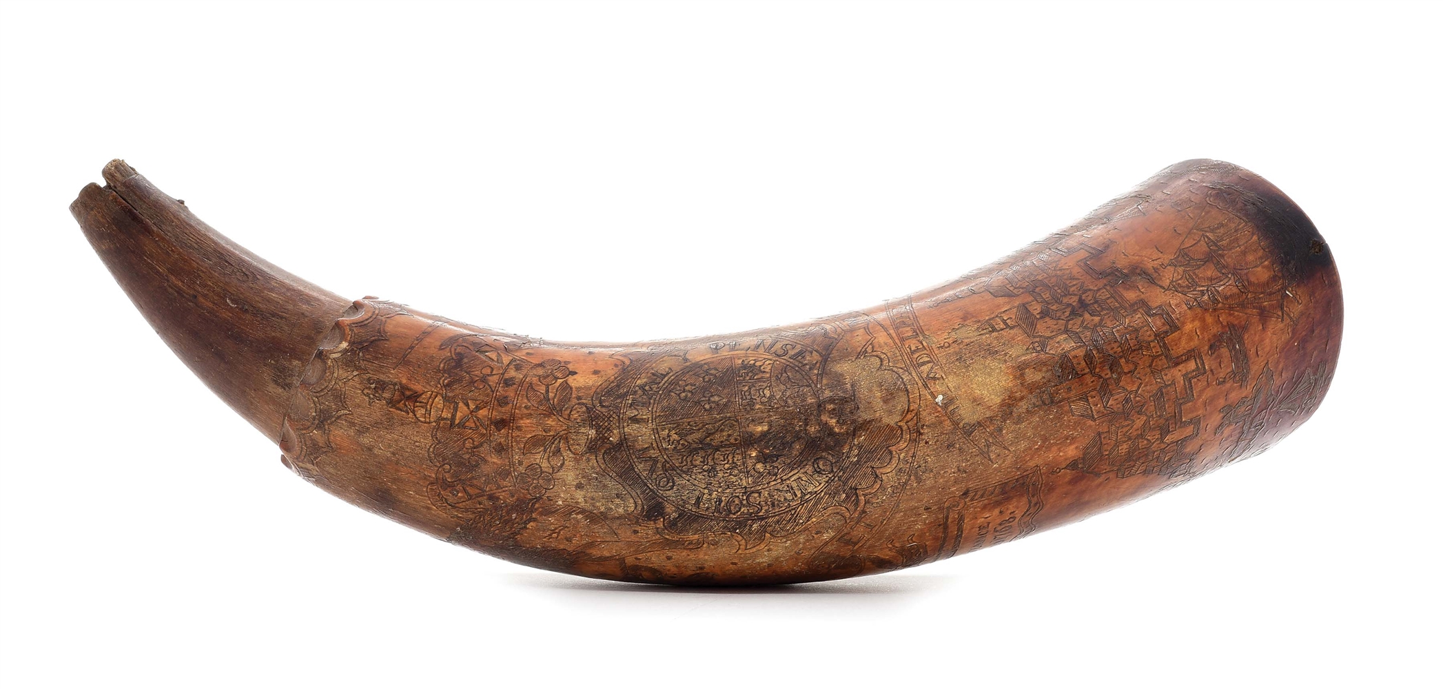 ENGRAVED PHILADELPHIA MAP POWDER HORN OF JOHN PURVIANCE, DATED 1768, ATTRIBUTED TO THE POINTED TREE CARVER.
