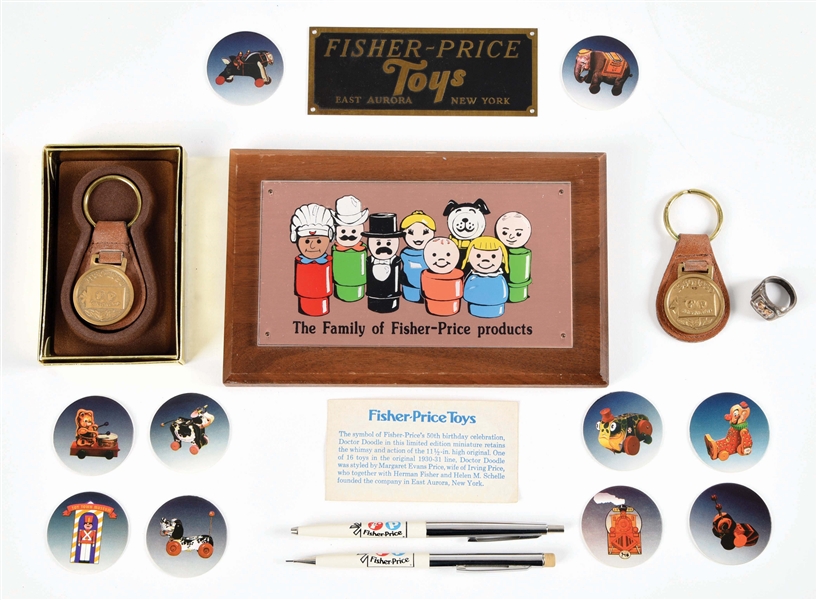 NICE LOT OF EARLY FISHER PRICE MEMORABILIA ITEMS.