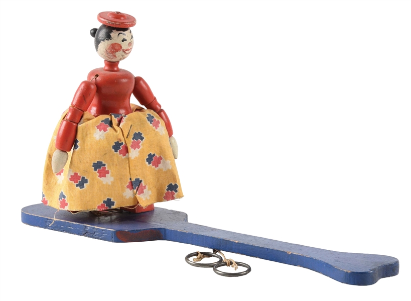 VERY RARE FISHER PRICE 1930S CIRCUS FAT WOMAN PROTOTYPE ON PADDLE.