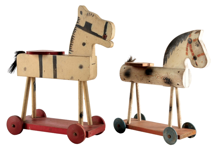 LOT OF 2: VERY EARLY FISHER PRICE WOODEN HORSES ON PLATFORMS.