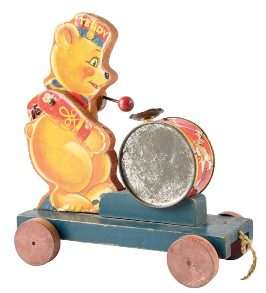 FISHER PRICE PAPER ON WOOD EARLY SCARCE TEDDY DRUMMER.