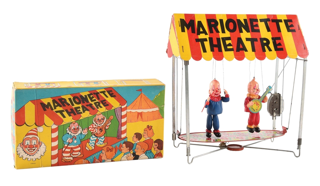 JAPANESE HOWDY DOODY TIN LITHO AND CELLULOID WIND-UP MARIONETTE THEATRE.