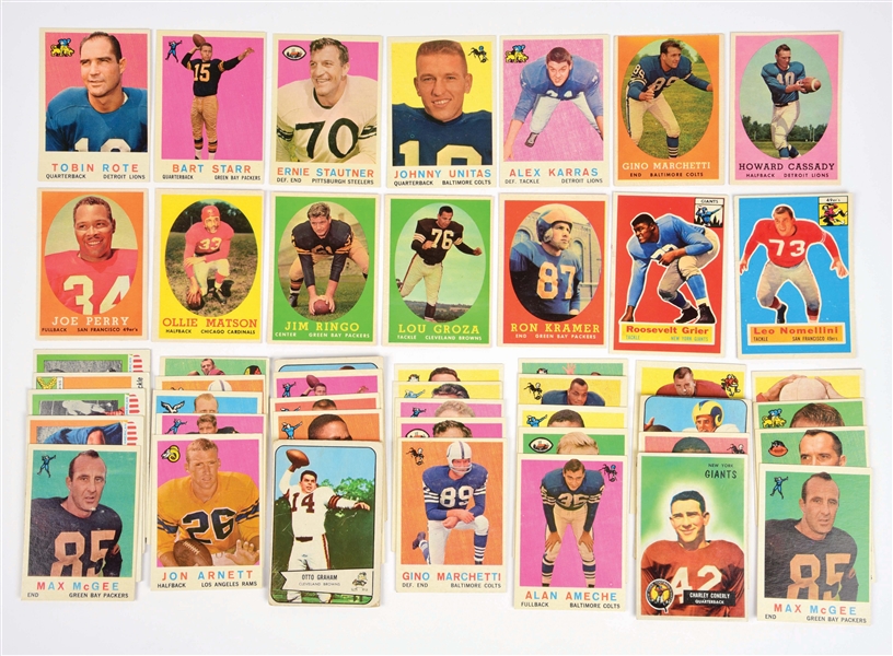 NICE LOT OF OVER 40 TOPPS 1950S NATIONAL FOOTBALL LEAGUE AND COLLEGE ALL-AMERICAN SPORTS CARDS.