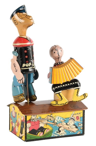 MARX TIN LITHO WIND-UP POPEYE AND OLIVE OYL ROOF DANCING TOY.