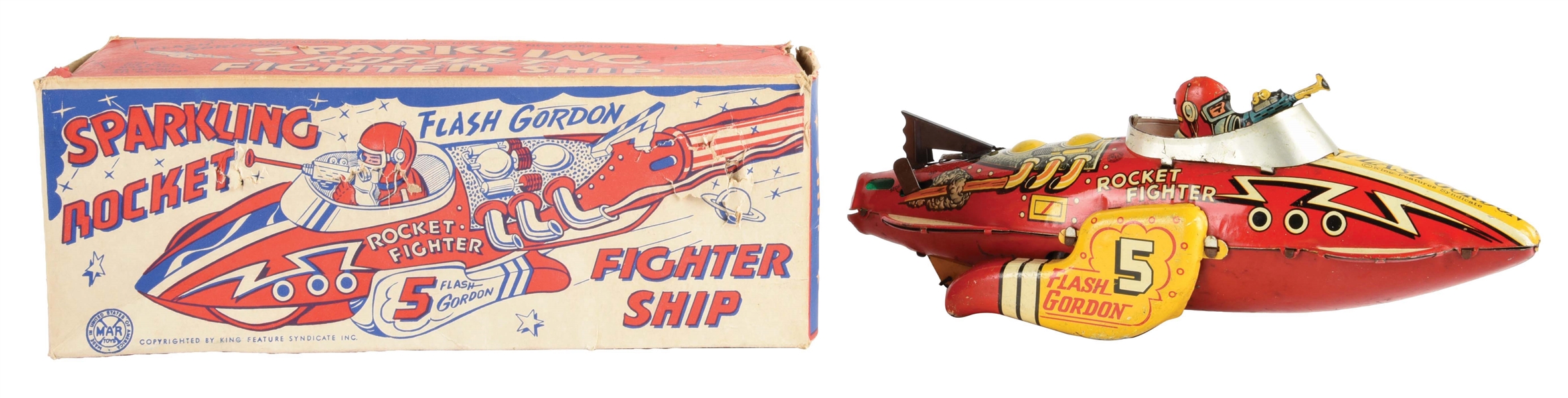 MARX TIN LITHO WIND-UP FLASH GORDON SPARKLING ROCKET FIGHTER SHIP TOY.