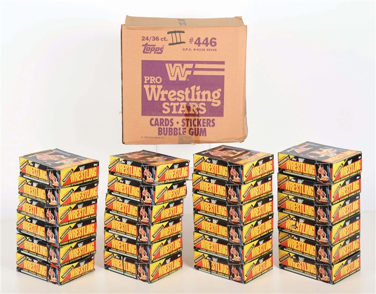 ORIGINAL CASED BOX OF 24 1987 TOPPS WRESTLING WAX BOXES.