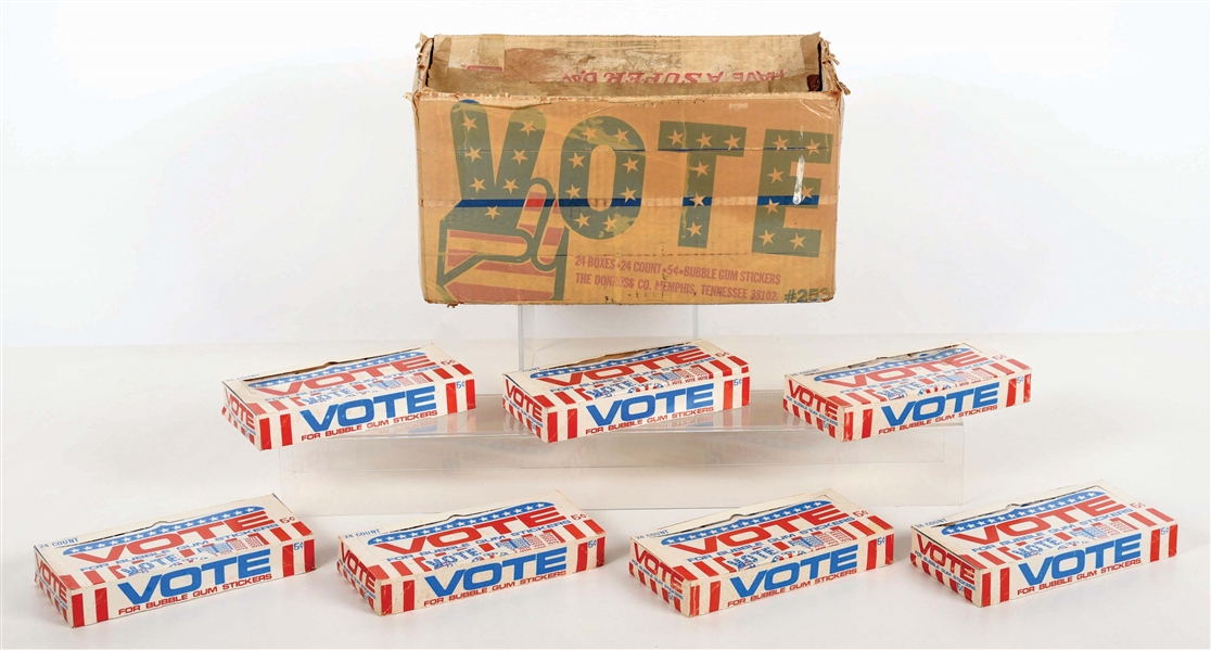 LOT OF 7: 1972 DONRUSS VOTE BUBBLE GUM STICKER WAX BOXES.