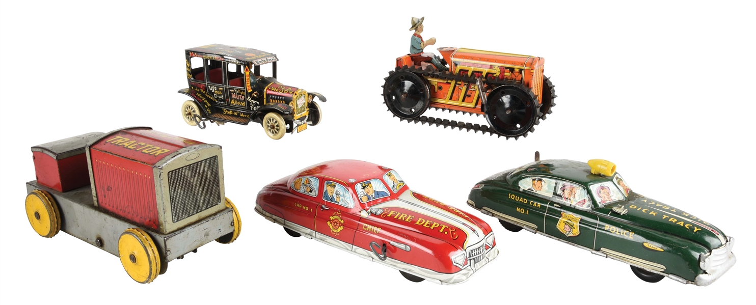 LOT OF 5: TIN LITHO WIND-UP AMERICAN MADE VEHICLE TOYS.