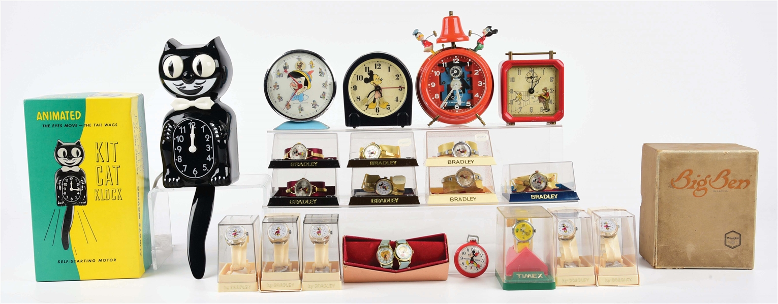 LARGE LOT OF APPROXIMATELY 20 MOSTLY DISNEY CHARACTER WATCHES AND CLOCKS.