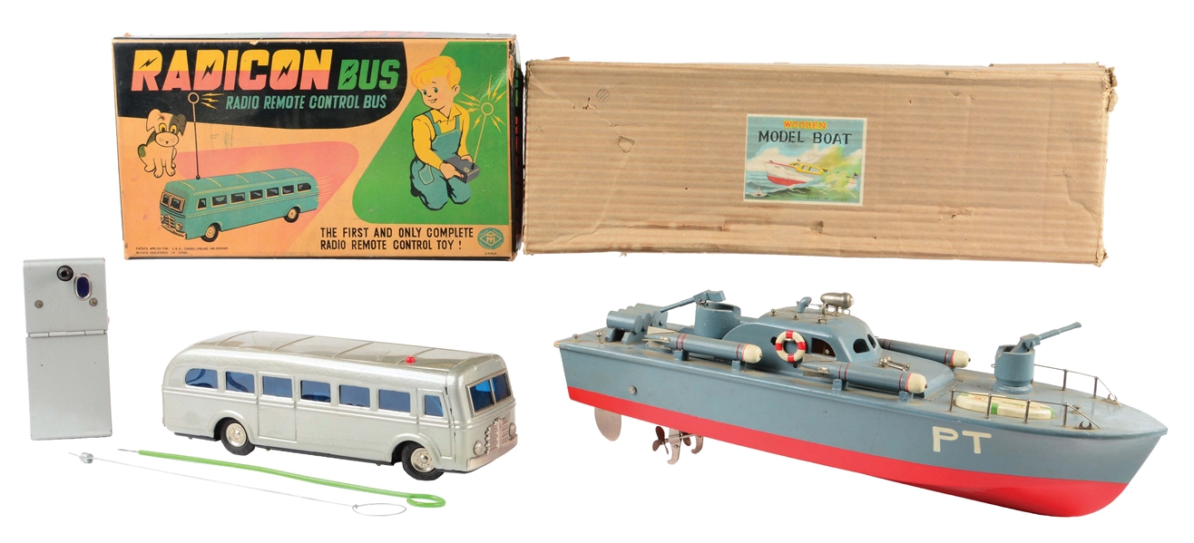 LOT OF 2: RADICON BUS AND WOODEN BOAT.