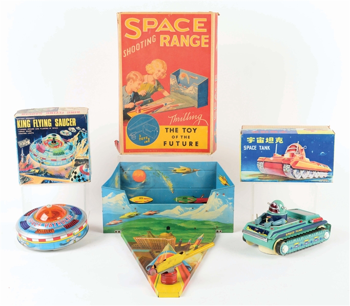 LOT OF 3: JAPANESE AND AMERICAN TIN LITHO WIND-UP AND BATTERY-OPERATED SPACE-THEMED TOYS.