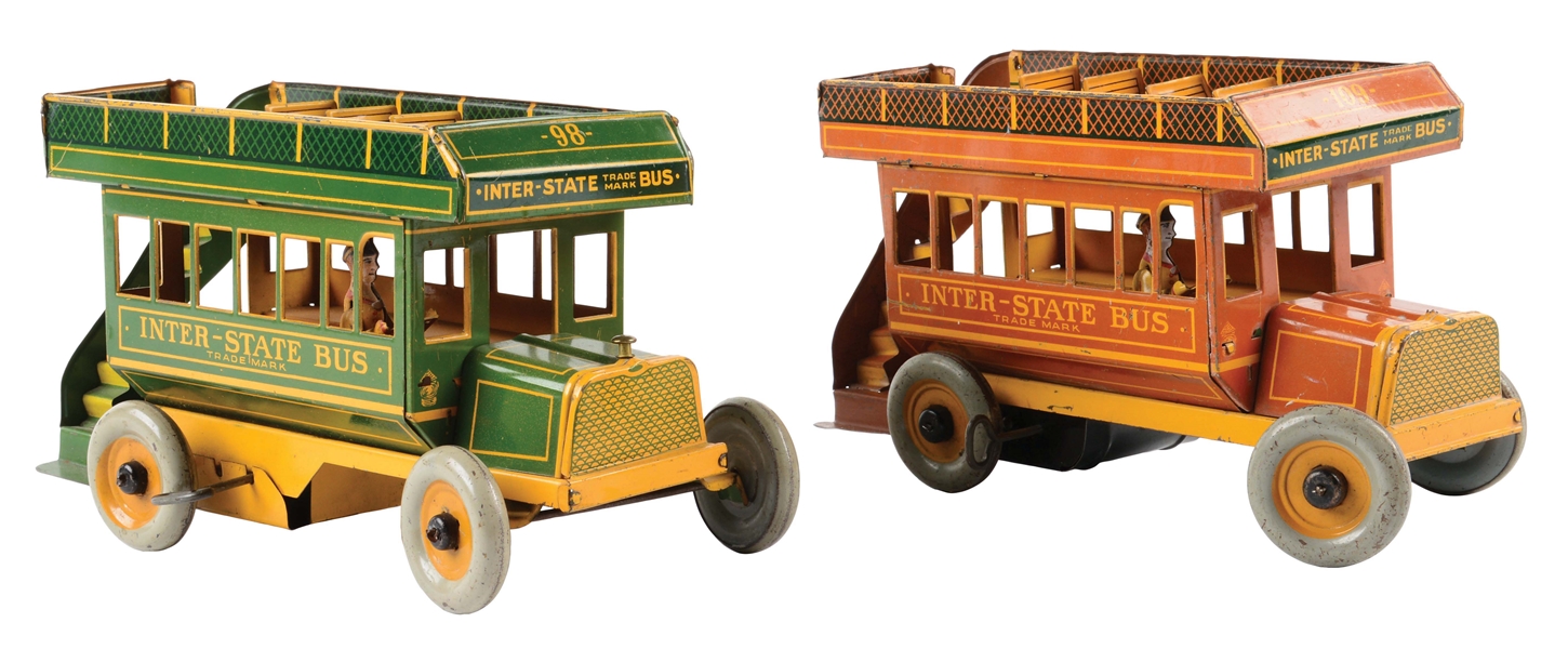 LOT OF 2: STRAUSS TIN LITHO WIND-UP INTER-STATE BUSES.