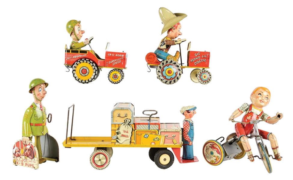 LOT OF 5: TIN LITHO UNIQUE ART WIND-UP TOYS.