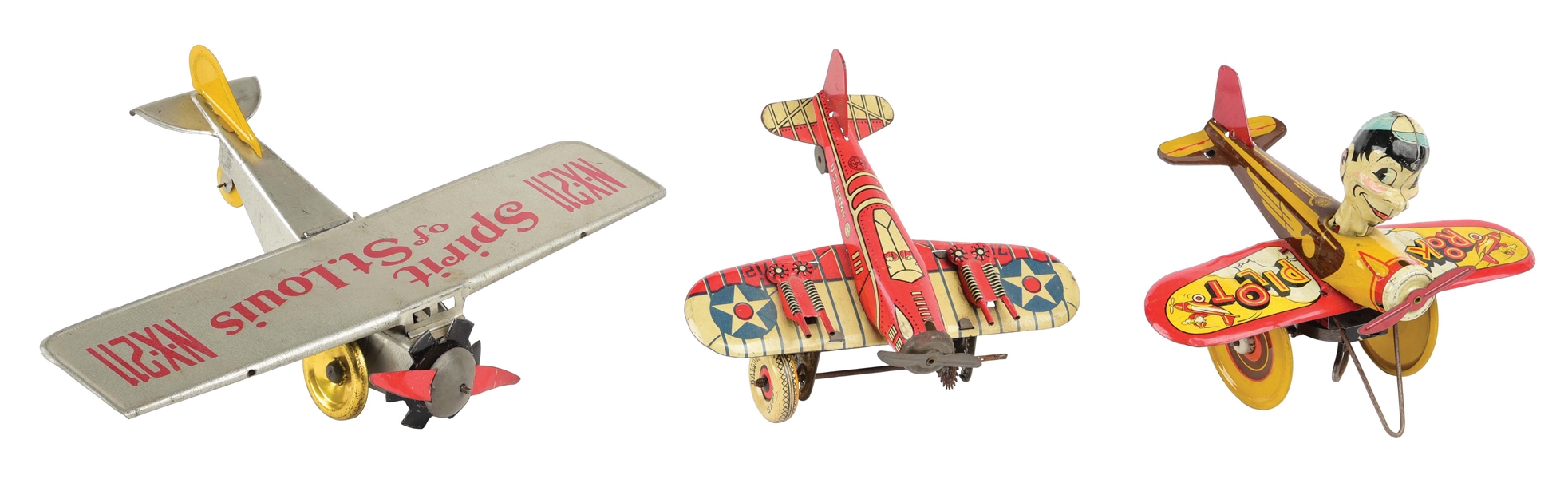 LOT OF 3: EARLY TIN LITHO WIND-UP AMERICAN MADE TOY AIRPLANES.