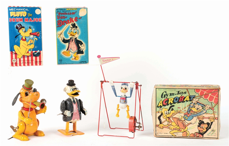 LOT OF 3: LINEMAR TIN LITHO AND CELLULOID WALT DISNEY COMIC TOYS.