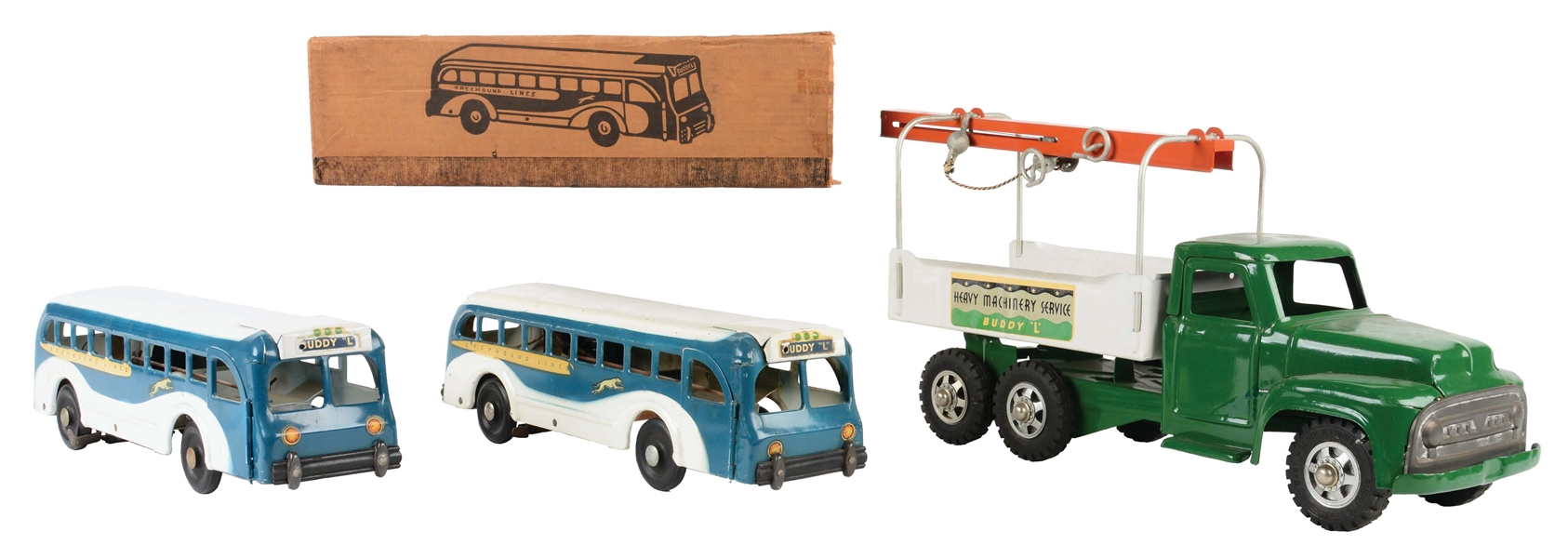 LOT OF 3: BUDDY L GREYHOUND BUSES AND TRUCK.