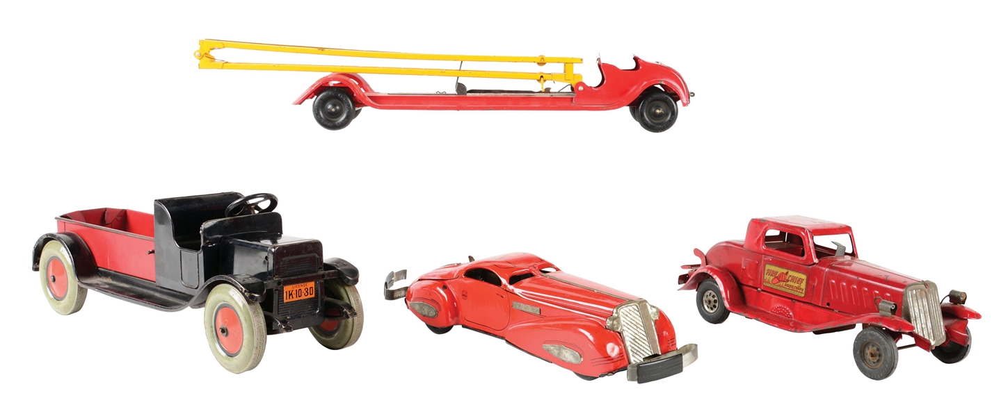 LOT OF 4: AMERICAN MADE TIN LITHO AND PRESSED STEEL VEHICLE TOYS.