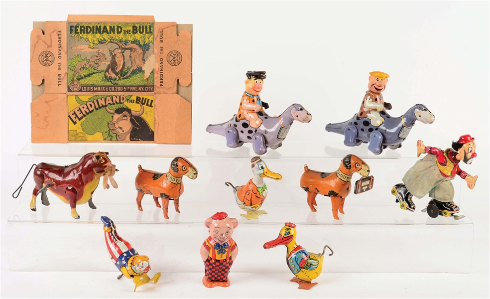 LOT OF 10: VARIOUS AMERICAN AND JAPANESE MADE TIN LITHO WIND-UP TOYS.