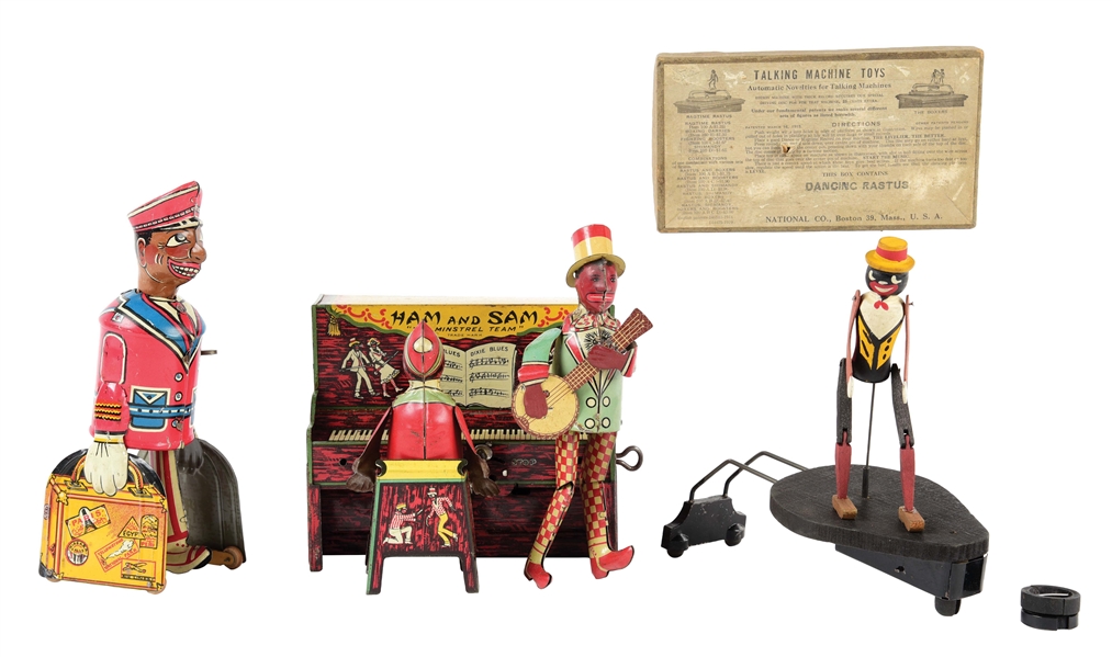 LOT OF 3: AMERICAN MADE TIN LITHO WIND-UP AND MUSICAL-THEMED TOYS.