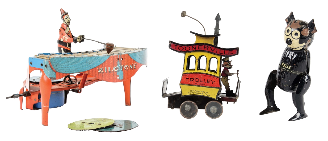 LOT OF 3: TIN LITHO AND PRESSED STEEL AMERICAN AND GERMAN CHARACTER TOYS.