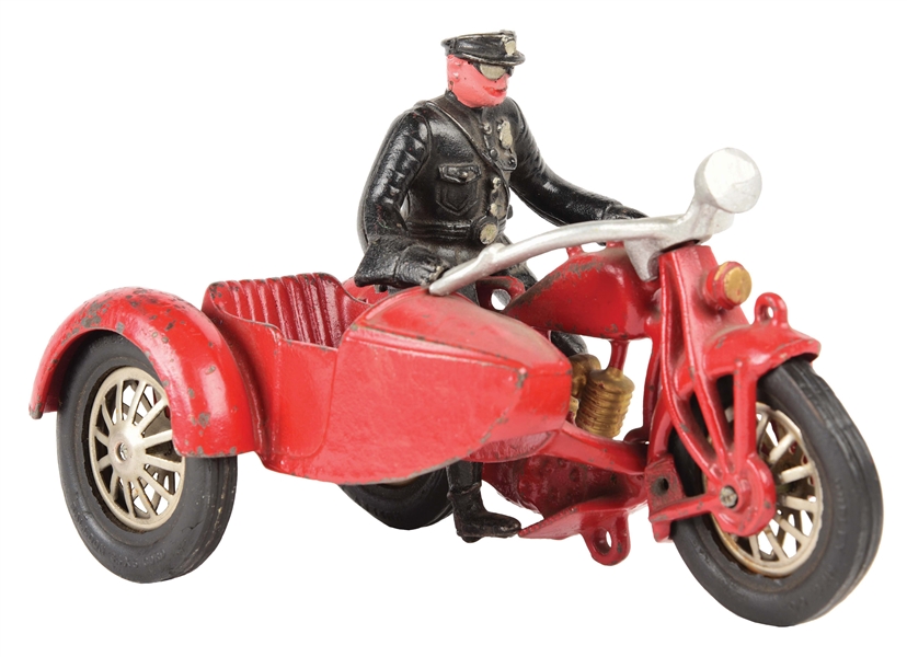 PRE-WAR CAST-IRON HUBLEY POLICE MOTORCYCLE SIDECAR TOY.