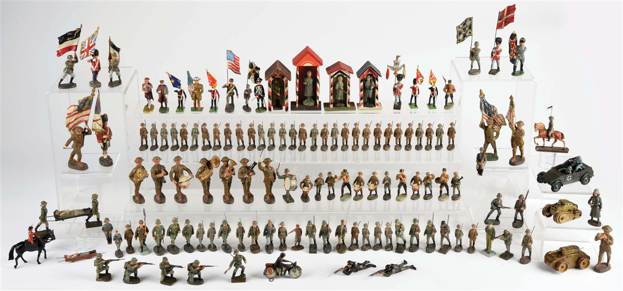COLLECTION OF OVER 100 VINTAGE AND CONTEMPORARY ELASTOLIN, LINEOL AND BRITAINS SOLDIERS AND OTHER FIGURES.