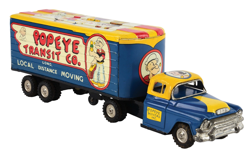 LINEMAR TIN LITHO FRICTION POPEYE TRANSIT COMPANY MOVING VAN TRACTOR TRAILER.