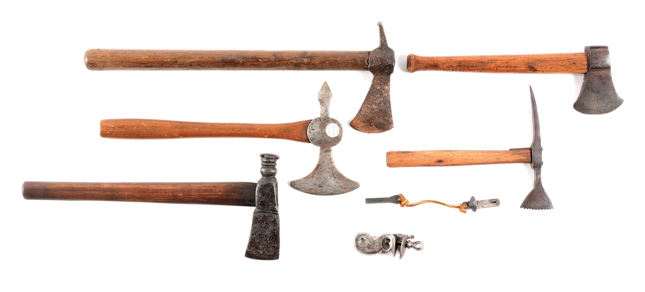 LOT OF 7: TOMAHAWKS AND MUSKET PARTS.