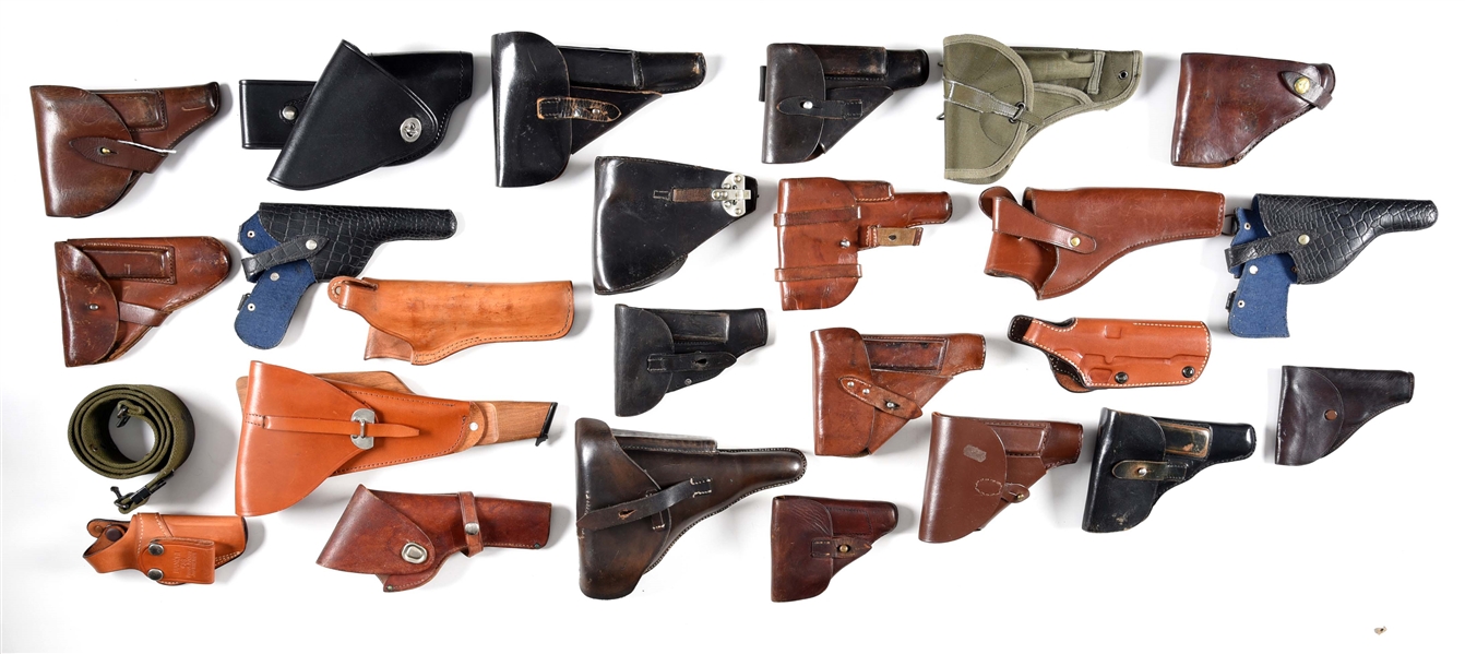 LOT OF 25: 24 HOLSTERS AND 1 BELT.