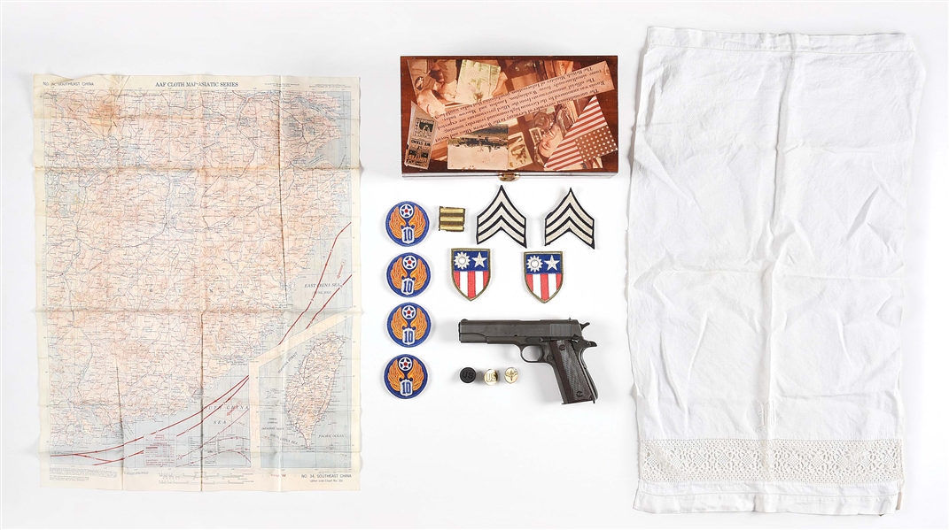 (C) REMINGTON RAND 1911A1 SEMI-AUTOMATIC PISTOL WITH CUSTOM CASE, MILITARY PATCHES, AND A CLOTH MAP OF THE EAST COAST OF CHINA.