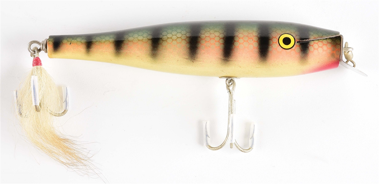 GREEN, RED, AND WHTE STRIPED LURE.