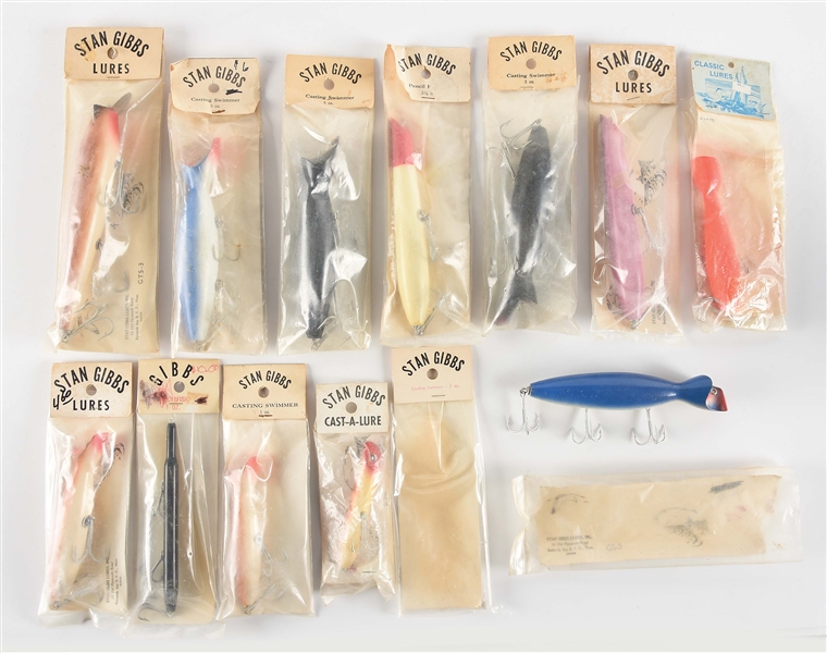 LOT OF 12: STAN GIBBS PACKAGED LURES.