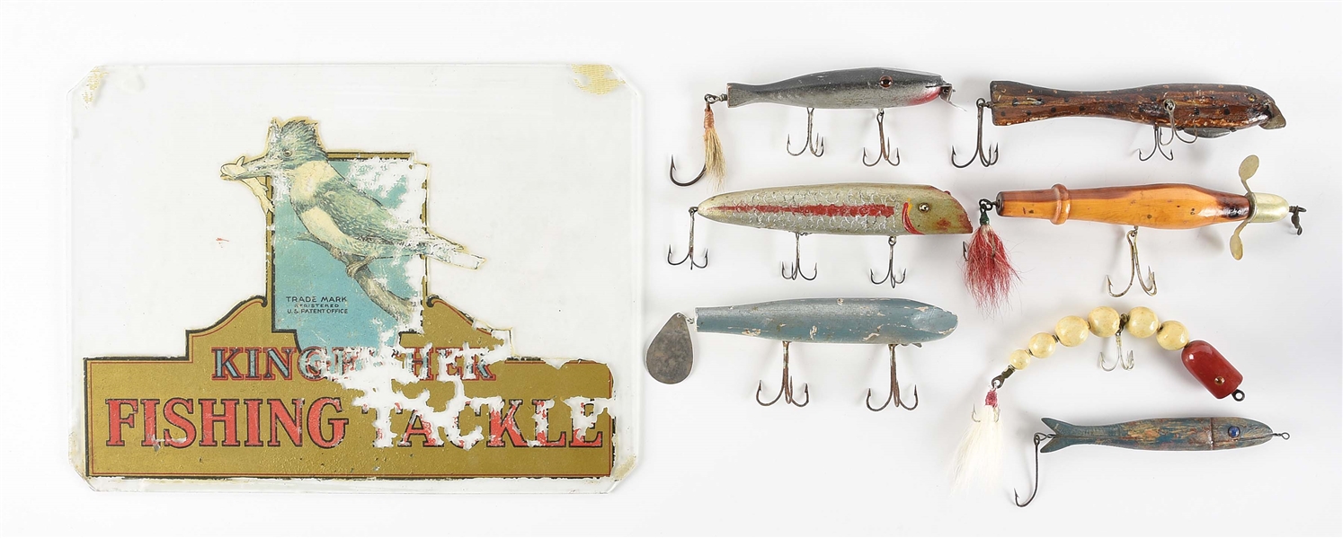 LOT OF 8: GLASS KINGFISHER SIGN AND 7 EARLY MUSKY FISHING LURES.