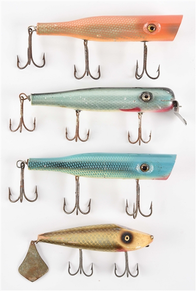 LOT OF 4: EARLY RARE RUSSO FISHING LURES.