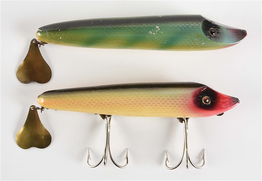 LOT OF 2: EXCEPTIONAL NORMAN OLDFIELD FLAP TAIL FISHING LURES.