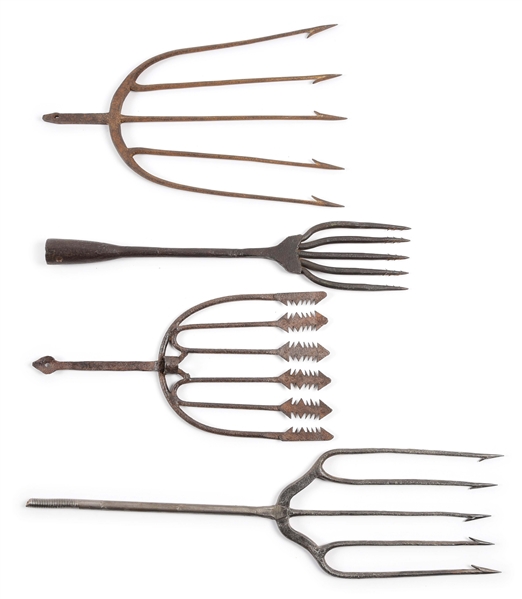 LOT OF 4: EARLY HAND-WROUGHT FISH SPEARS AND GAFFS.