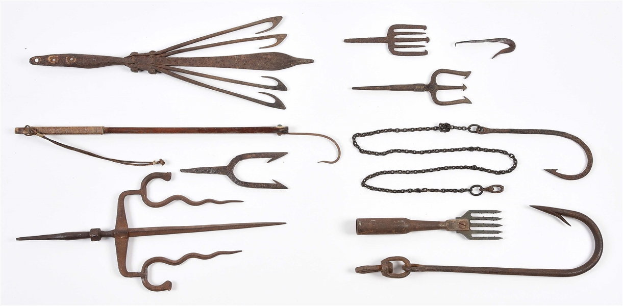 LOT OF 10: EARLY SCARCE HAND-WROUGHT FISH SPEARS AND HOOKS FOR SHARK AND OTHER DEEP SEA FISH.