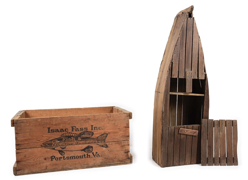 LOT OF 2: WOODEN CRATE AND BOAT.